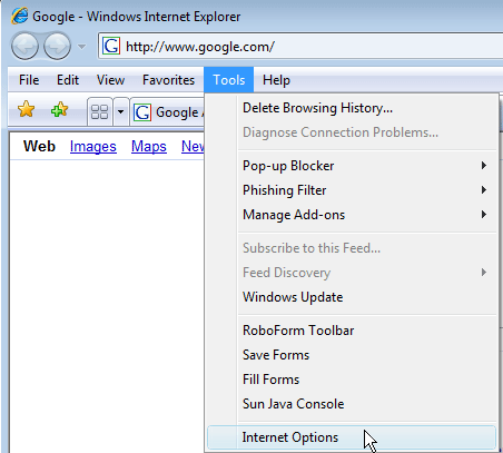 IE7 Tools Internet Options Menu Item