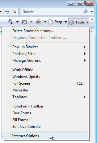 IE7 Tools Internet Options Tool Bar Item