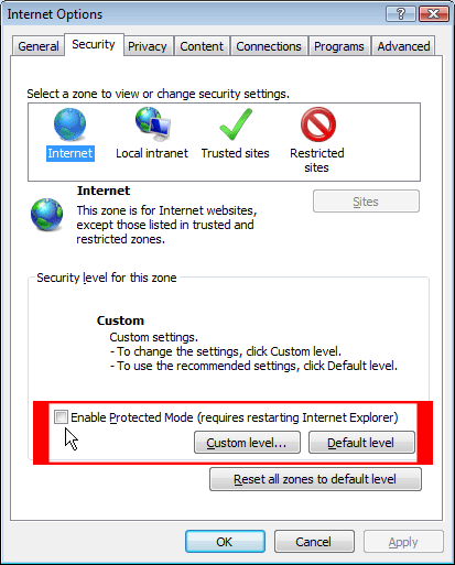 IE7 Uncheck Enable Protected Mode CheckBox