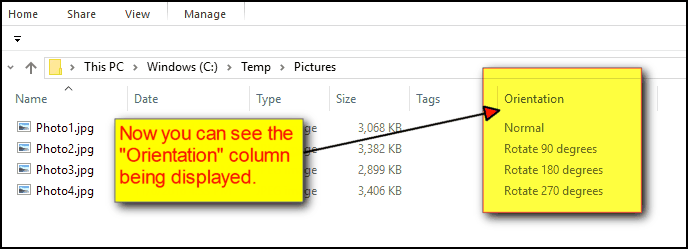 Orientation Column Displayed on File Explorer