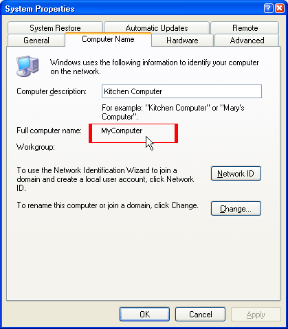 Windows XP System Properties Computer Name