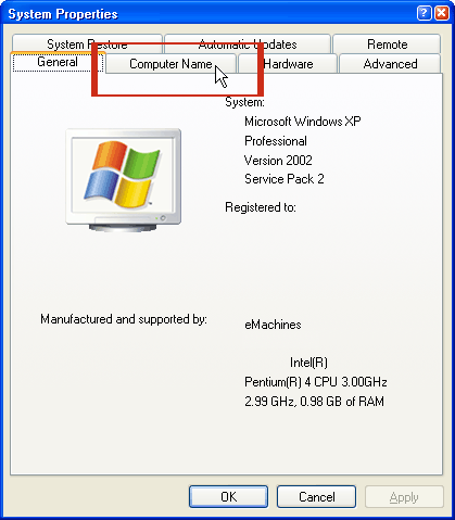 Windows XP System Properties General