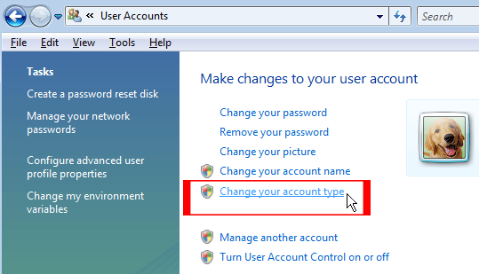 Windows Vista Change Your Account Type Link