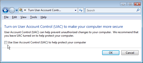 Windows Vista Turn User Account Control On Off