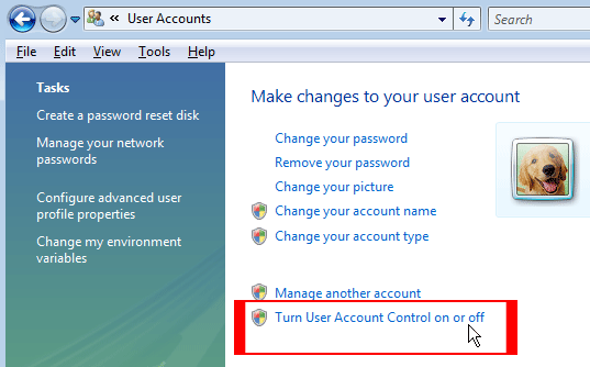 Windows Vista Turn User Account Control On Off Link